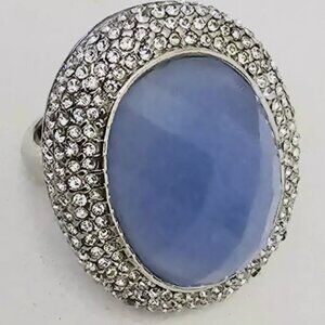 SPRING STREET LARGE OVAL LT BLUE STONE WITH CZ PAVE ADJUSTABLE RING 6-8